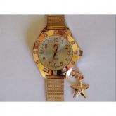 Relógio feminino quartzo dourado com strass e pingente